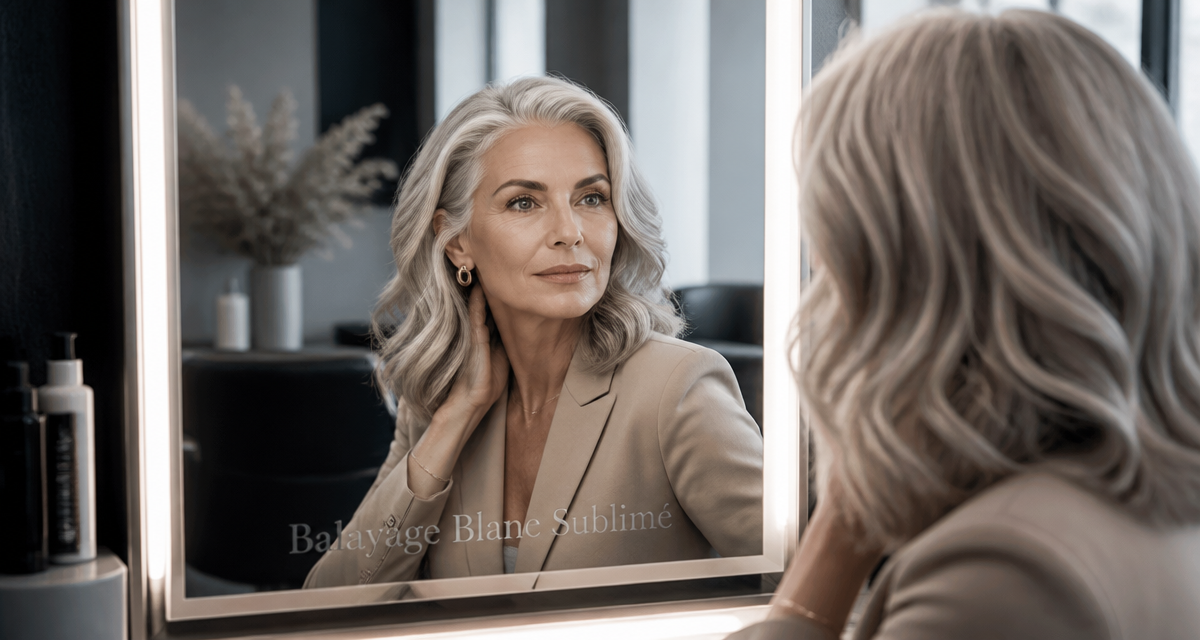 Quel balayage sur cheveux blancs, femme élégante en salon