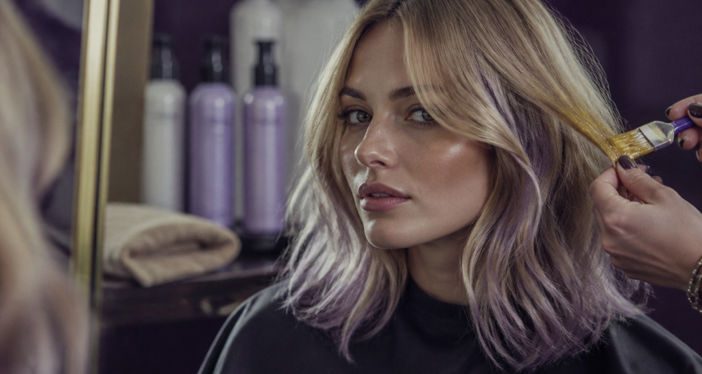 reflet violet cheveux blond devant miroir
