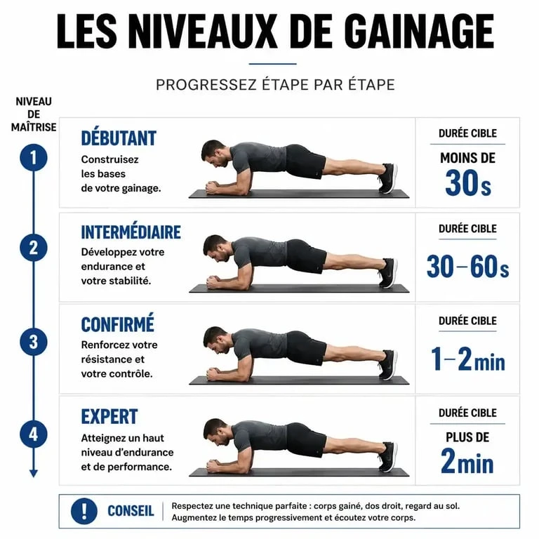 Infographie des niveaux de gainage et temps de maintien recommandés pour progresser efficacement