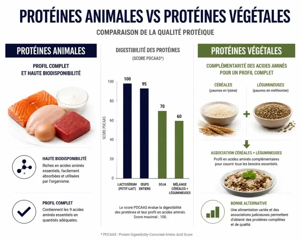 Infographie comparative des protéines végétales ou animales : digestibilité et profil nutritionnel
