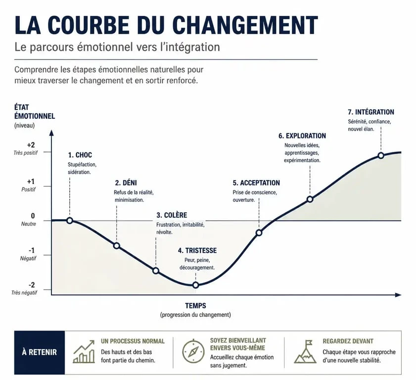 Schéma illustrant la courbe du changement en entreprise et ses différentes étapes émotionnelles