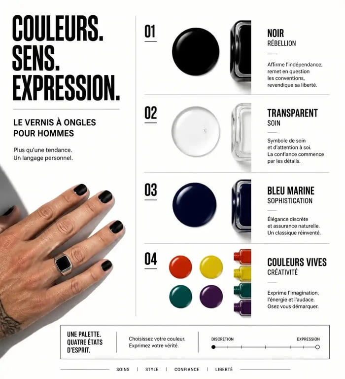 Infographie des significations du vernis à ongles pour homme selon les couleurs