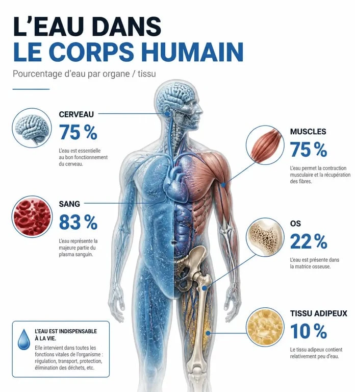 Infographie du pourcentage d'eau dans le corps humain et les organes
