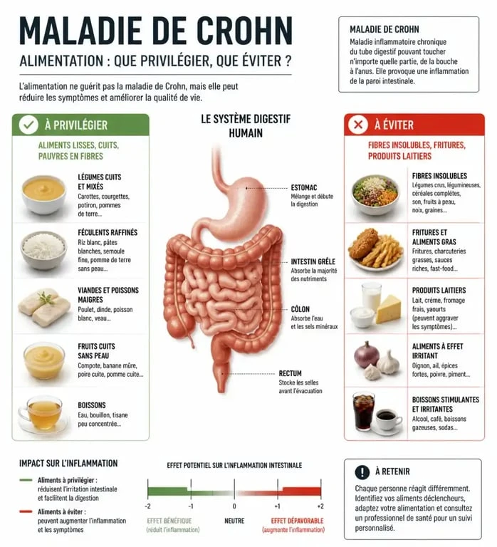 Infographie des aliments à éviter et à privilégier pour la maladie de Crohn pour une meilleure gestion des symptômes.