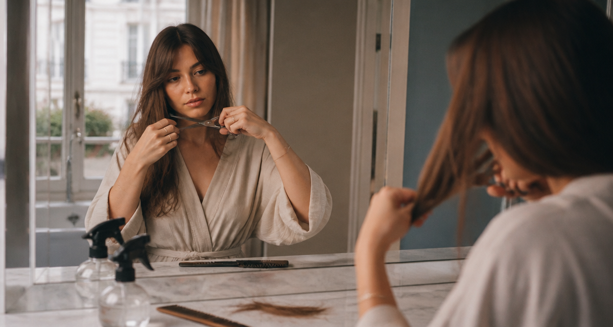 Femme qui coupe les cheveux elle-même