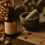 Huile essentielle encens bienfaits : flacon ambré et résine d’oliban, table bois sombre