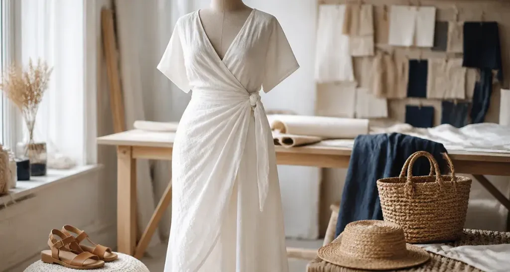 Longue robe blanche été en lin et coton, atelier mode