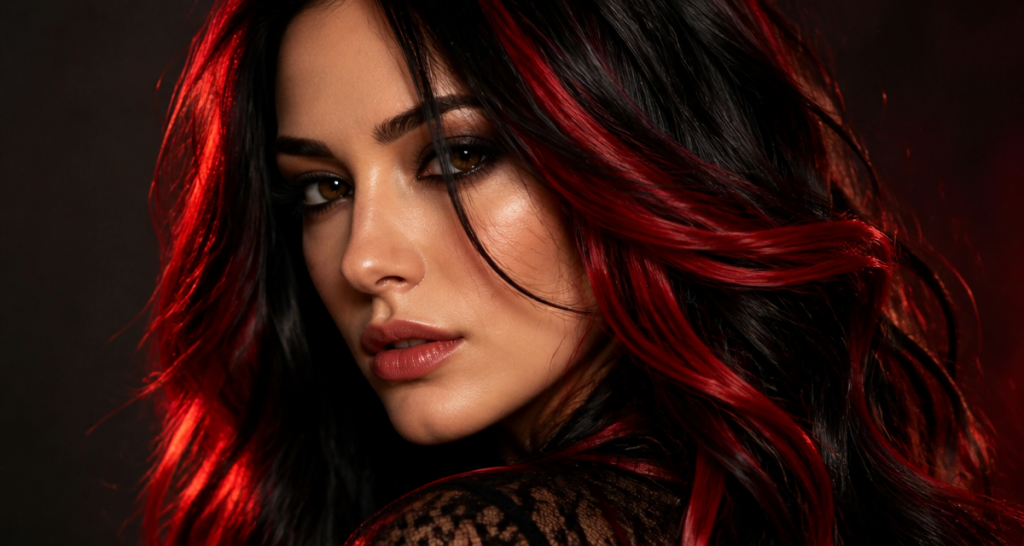 meches rouge sur cheveux noir femme studio