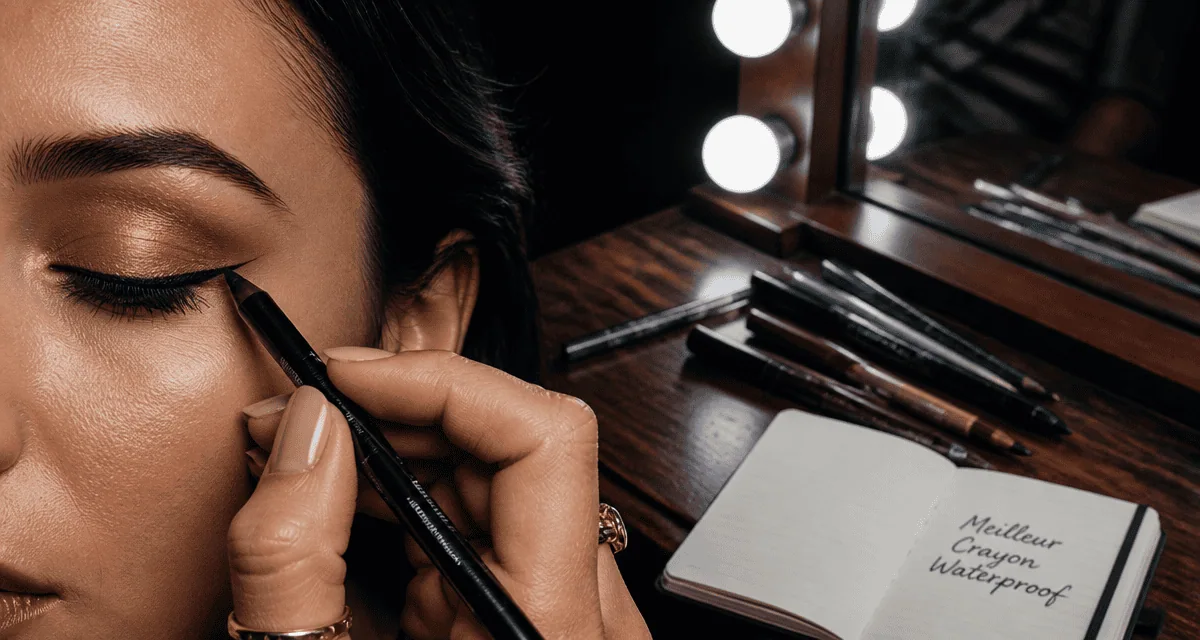 Meilleur crayon yeux waterproof sur coiffeuse avec application