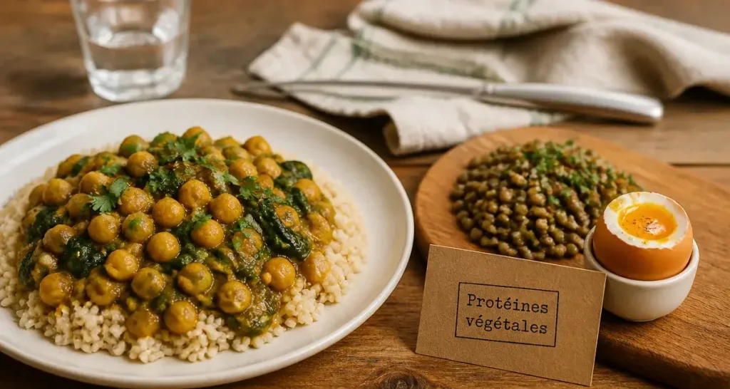 Assiette protéines végétales ou animales : pois chiches, lentilles et œuf
