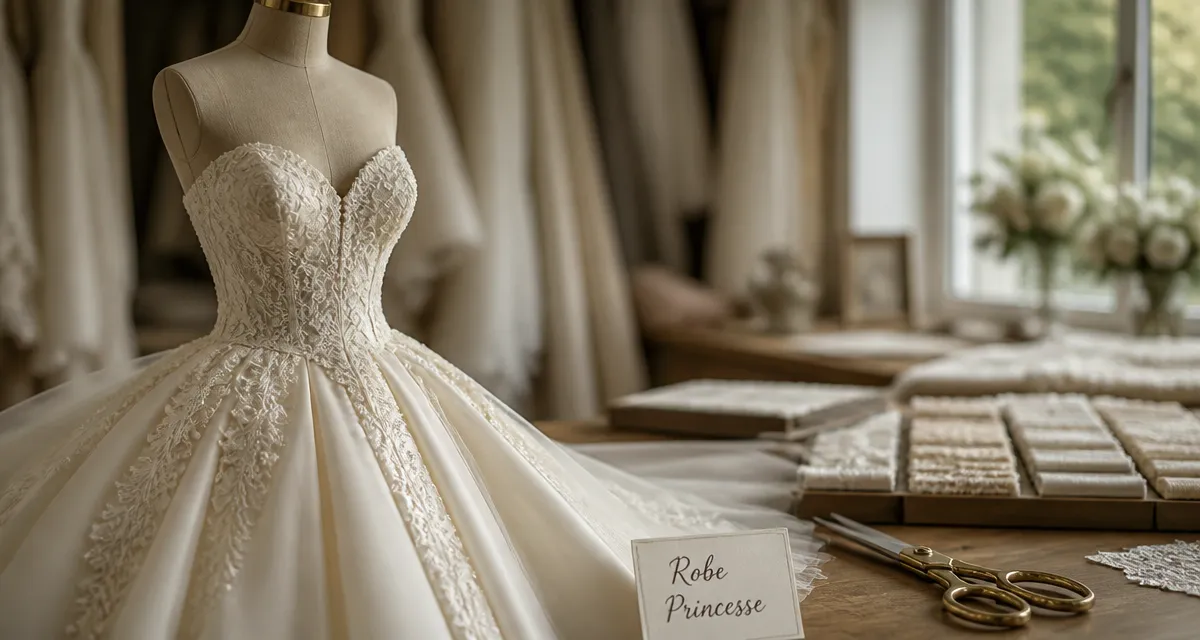 Robe de mariée princesse en atelier, volume tulle et mikado, bustier ajusté