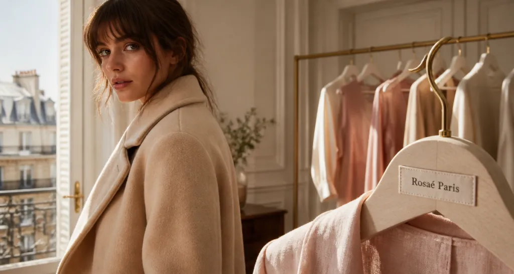 Rosaé Paris manteau laine près fenêtre