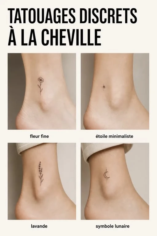 Discret tatouage cheville femme : planche d’inspiration de petits motifs fins et élégants à la cheville