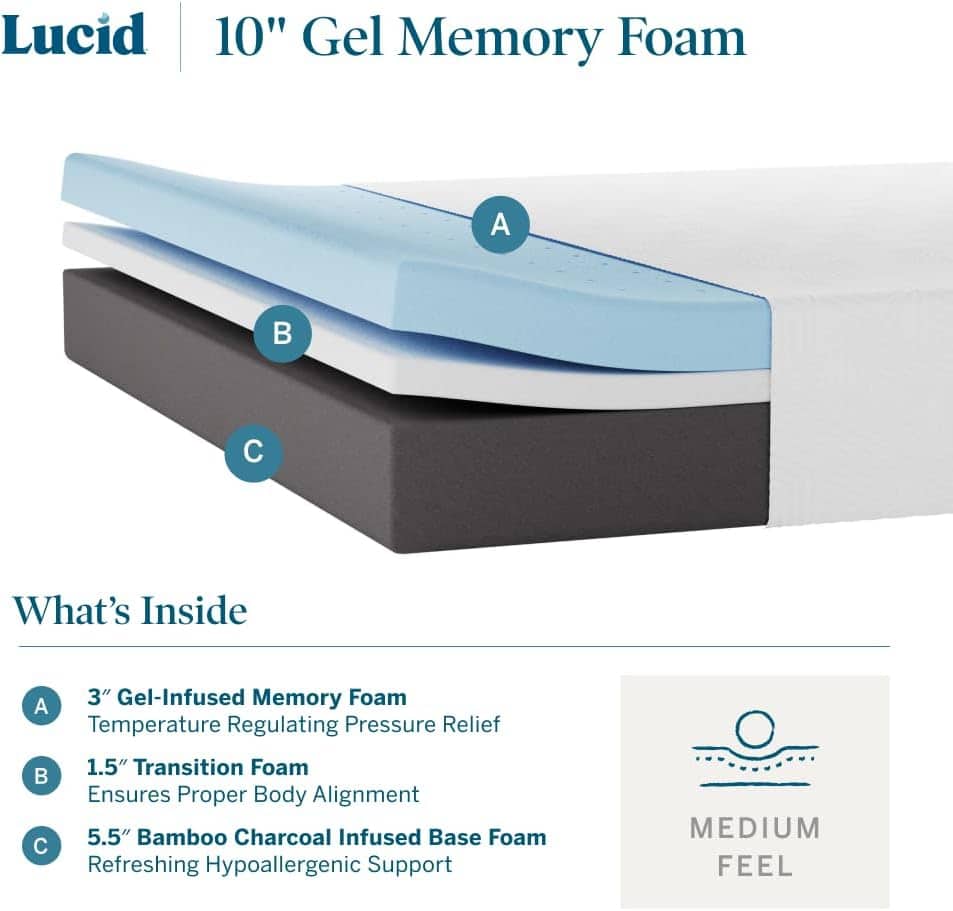 LUCID Memory Foam Mattress Infused with Bamboo Charcoal and Gel