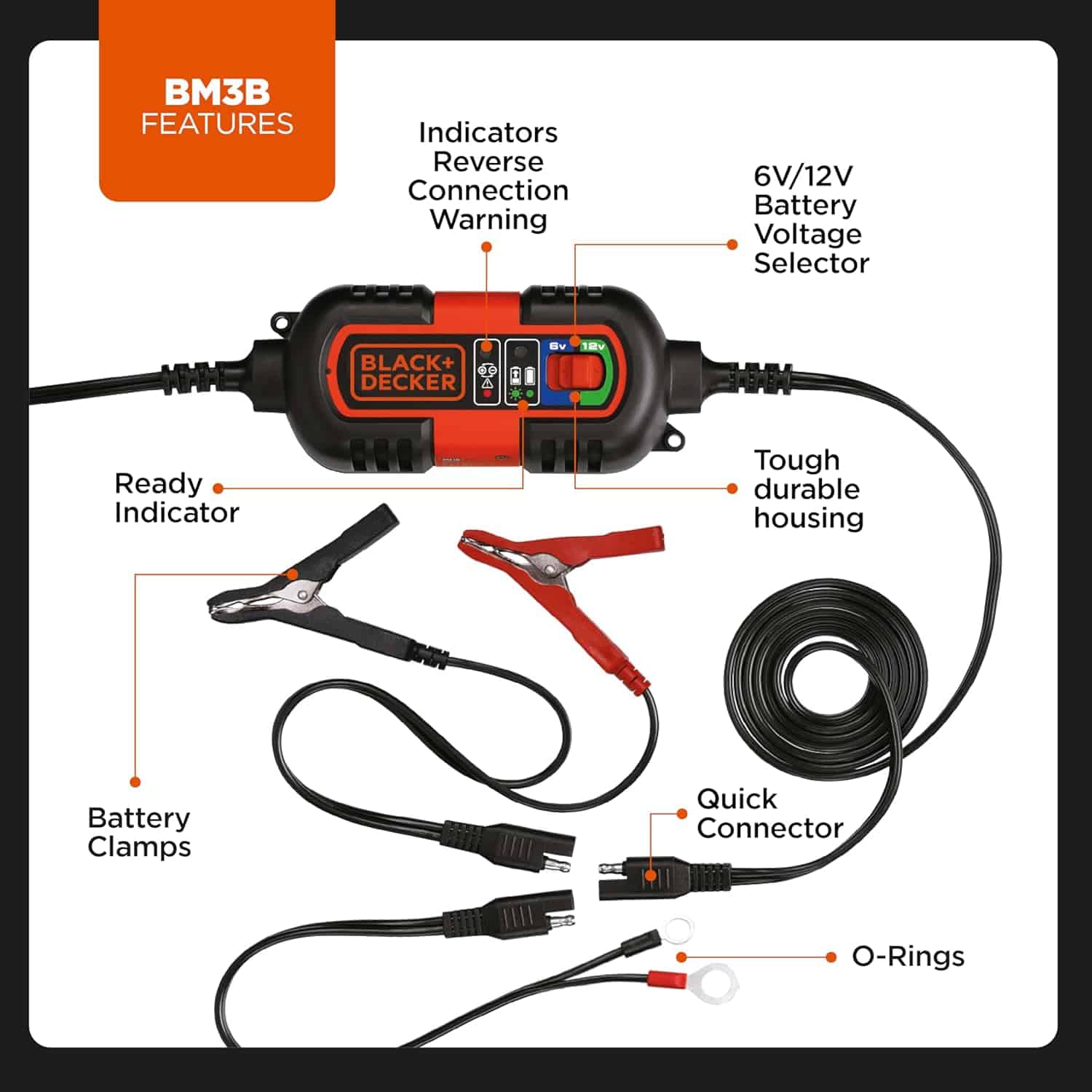 BLACK+DECKER BM3B Fully Automatic Battery Charger Maintainer with Cable Clamps and O-Ring Terminals, Multi (3)