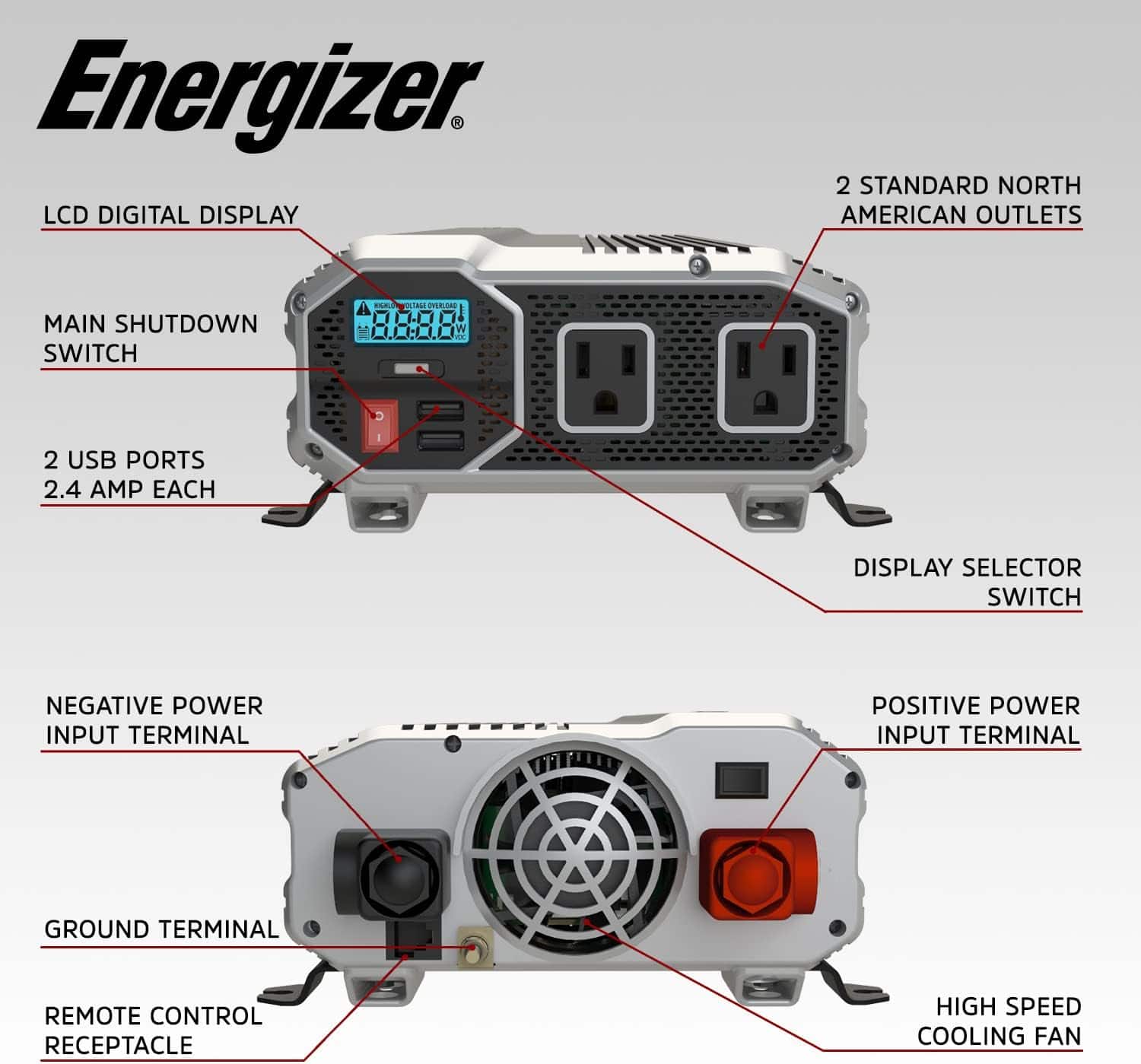 Energizer ENK2000 Power Inverter Modified Sine Wave Car Inverter, AC Outlets, USB Ports, DC to AC Converter, Battery Cables Included – ETL Approved Under UL STD 458 (3)