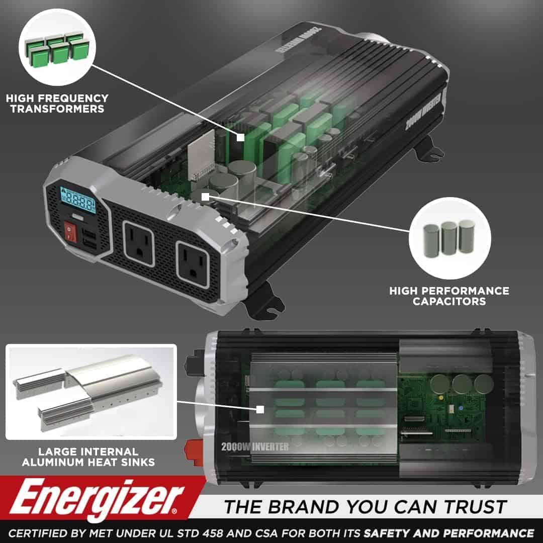 Energizer ENK2000 Power Inverter Modified Sine Wave Car Inverter, AC Outlets, USB Ports, DC to AC Converter, Battery Cables Included – ETL Approved Under UL STD 458 (4)