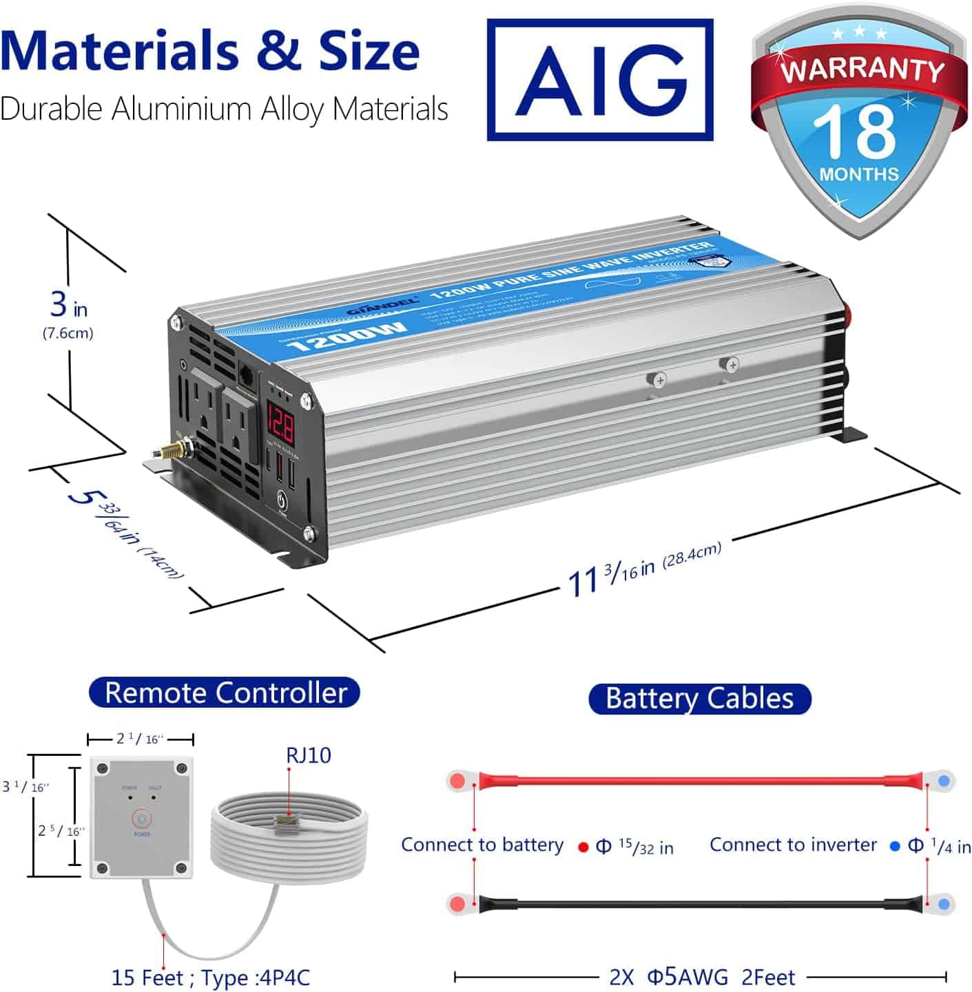 GIANDEL PS-1200JCR Power Inverter Pure Sine Wave Lithium Battery Compatible with UL Fuses and USB-C PD30W and QC 3.0 FastCharger and Wired Remote for RVs Car Solar System Emergency (6)