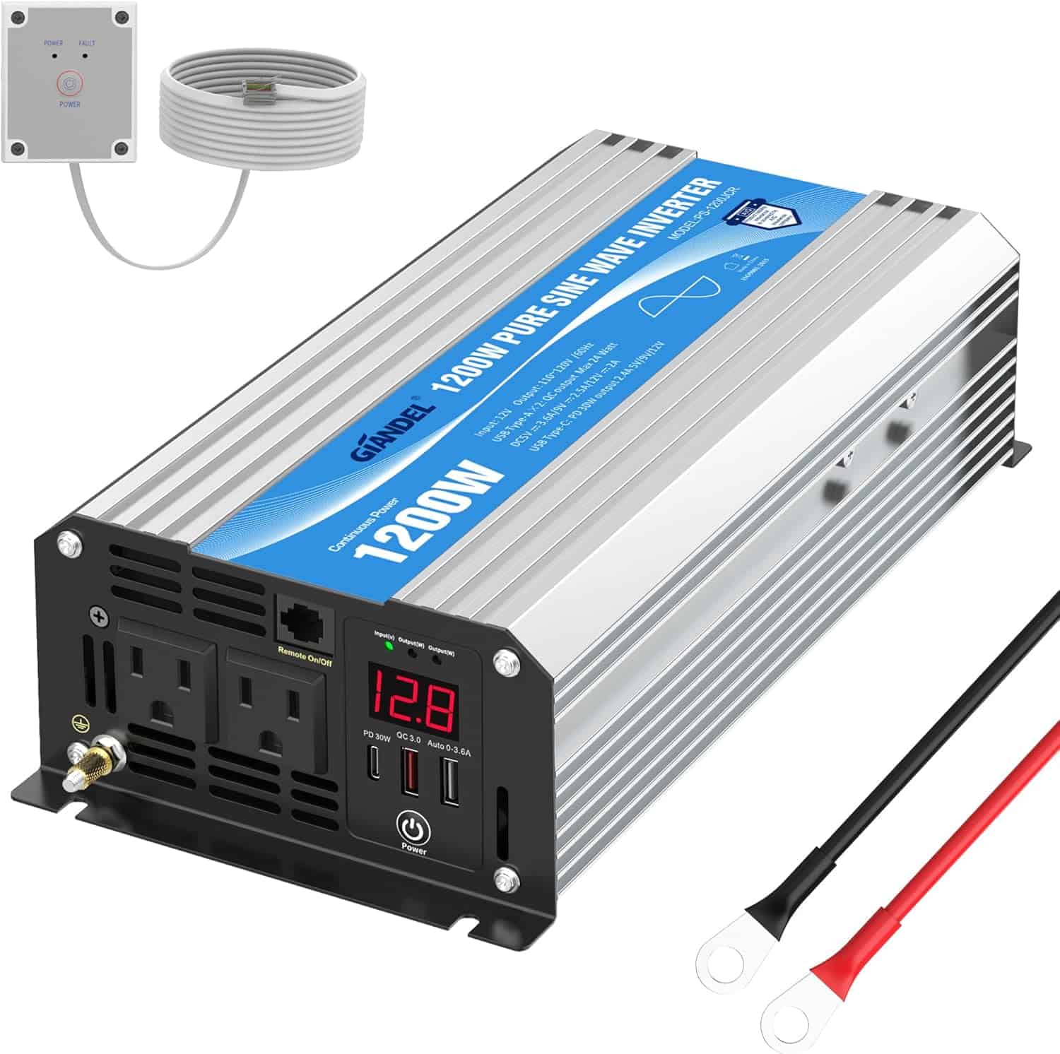 GIANDEL PS-1200JCR Power Inverter Pure Sine Wave Lithium Battery Compatible with UL Fuses and USB-C PD30W and QC 3.0 FastCharger and Wired Remote for RVs Car Solar System Emergency
