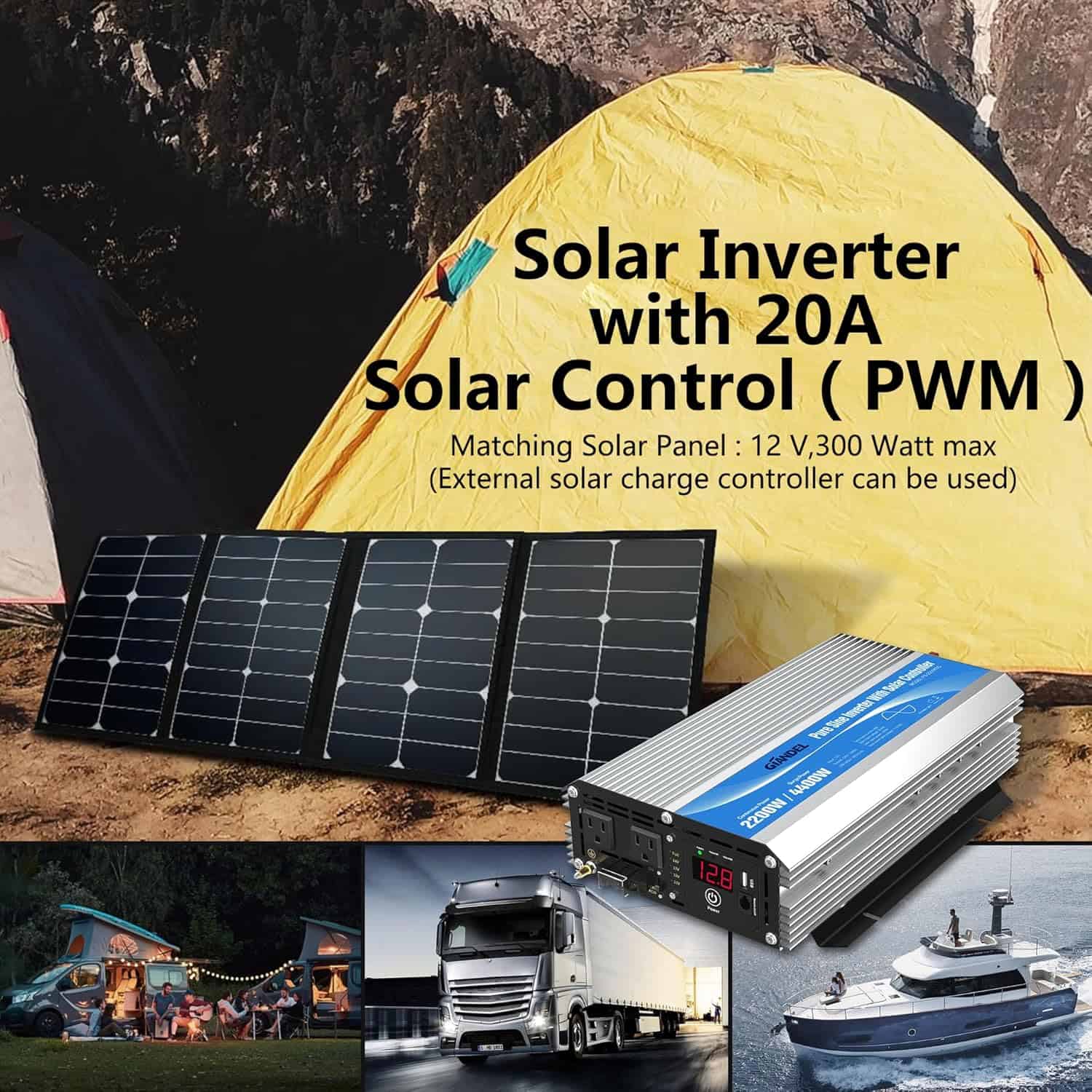 GIANDEL PS-2200KSC Pure Sine Wave Power Inverter DC to AC with Solar Charge Control Lithium Battery Compatible and Remote Control&LED Display for RVs Truck Off Grid Solar System (5)
