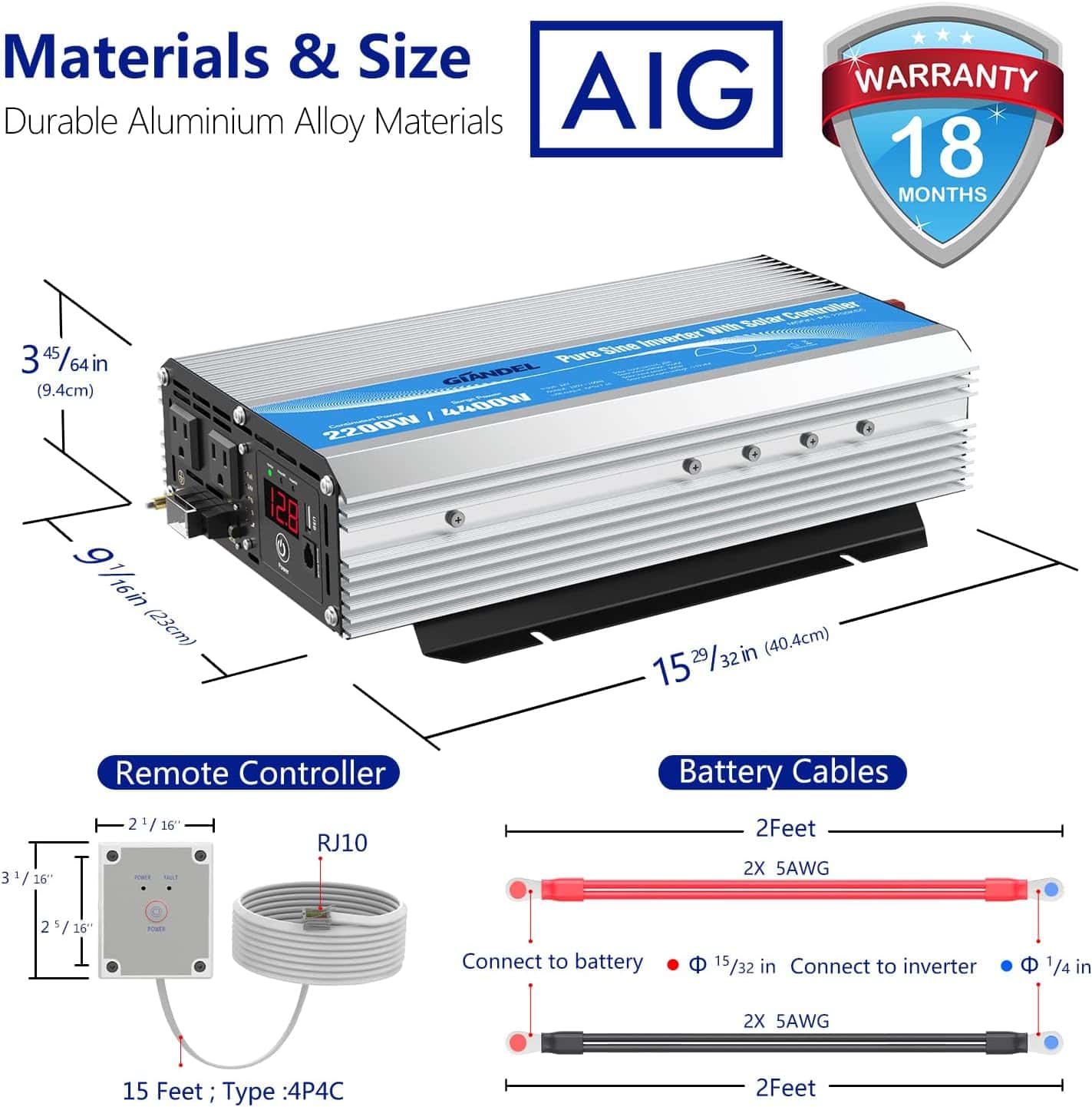 GIANDEL PS-2200KSC Pure Sine Wave Power Inverter DC to AC with Solar Charge Control Lithium Battery Compatible and Remote Control&LED Display for RVs Truck Off Grid Solar System (6)