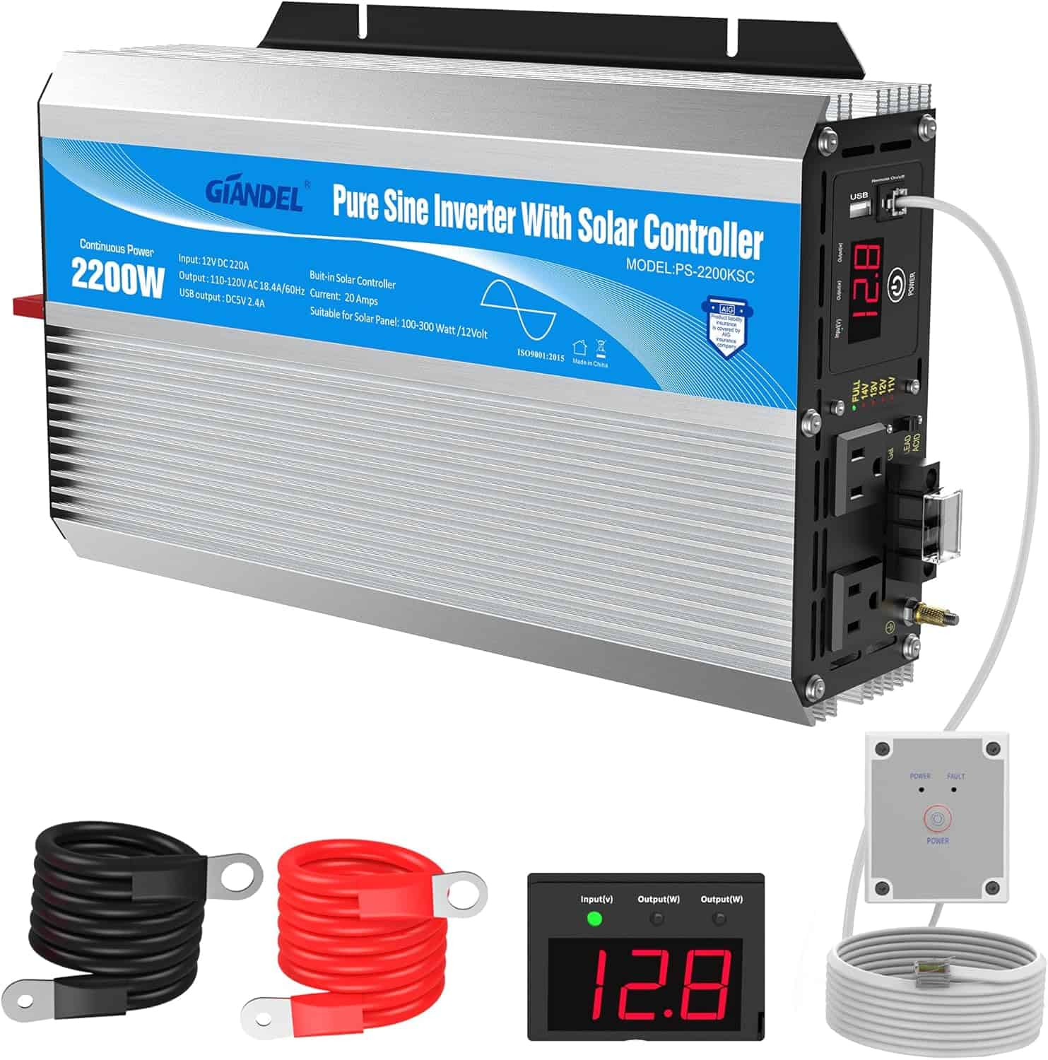 GIANDEL PS-2200KSC Pure Sine Wave Power Inverter DC to AC with Solar Charge Control Lithium Battery Compatible and Remote Control&LED Display for RVs Truck Off Grid Solar System