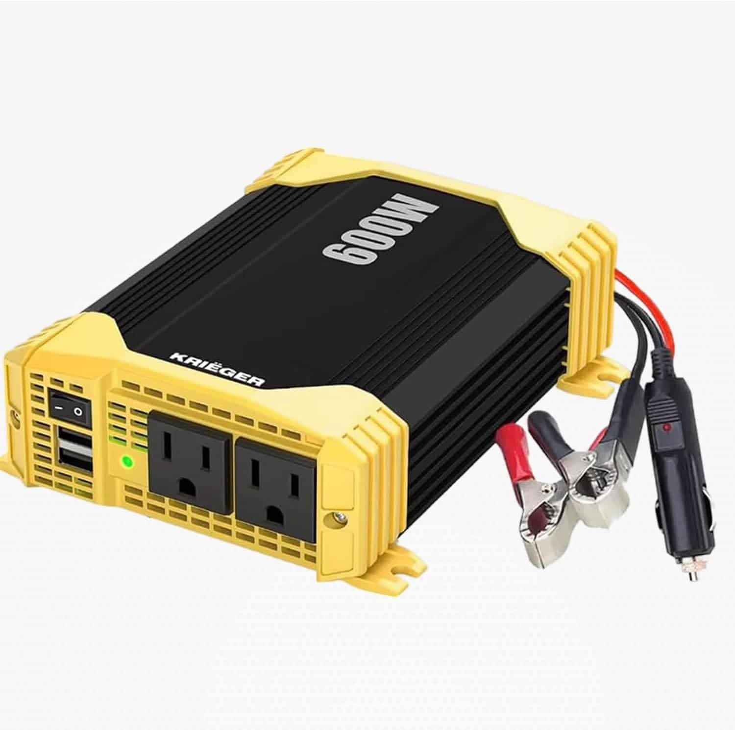 KRIËGER Power Inverters for Vehicles, Car Charger with Plug Outlet, Modified Sine Wave, AC Outlets, USB Ports, Cigarette Lighter & Clamps - ETL Approved Under UL STD 458 (1)