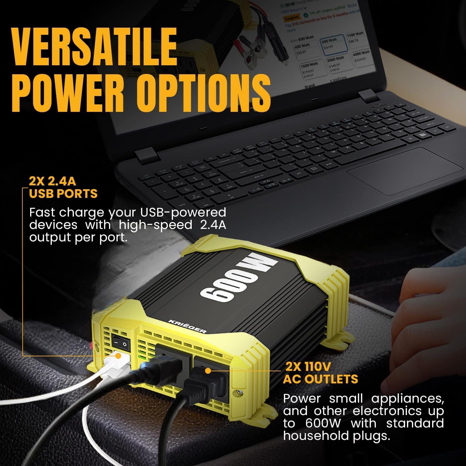 KRIËGER Power Inverters for Vehicles, Car Charger with Plug Outlet, Modified Sine Wave, AC Outlets, USB Ports, Cigarette Lighter & Clamps - ETL Approved Under UL STD 458 (3)