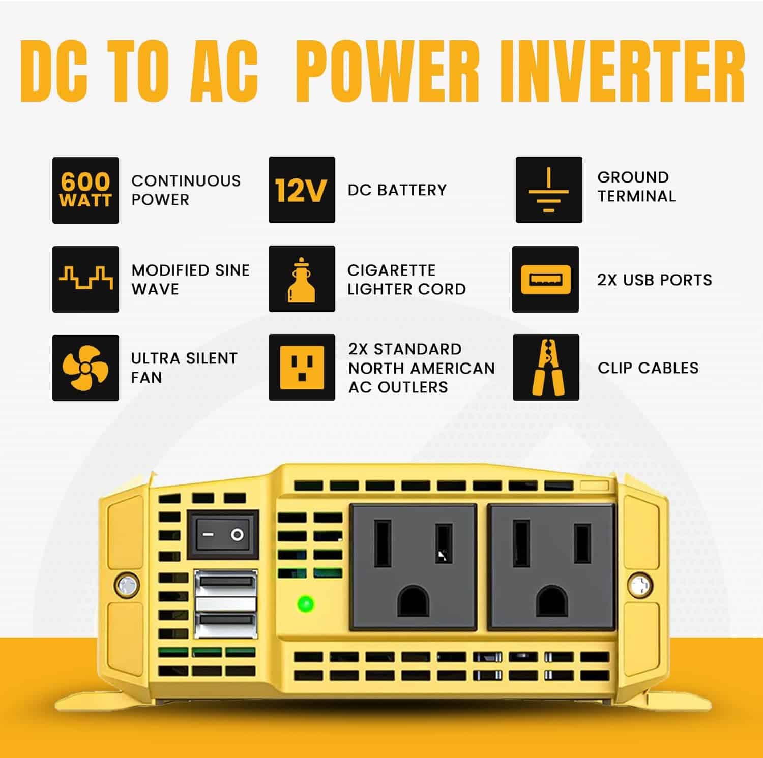 KRIËGER Power Inverters for Vehicles, Car Charger with Plug Outlet, Modified Sine Wave, AC Outlets, USB Ports, Cigarette Lighter & Clamps - ETL Approved Under UL STD 458 (5)