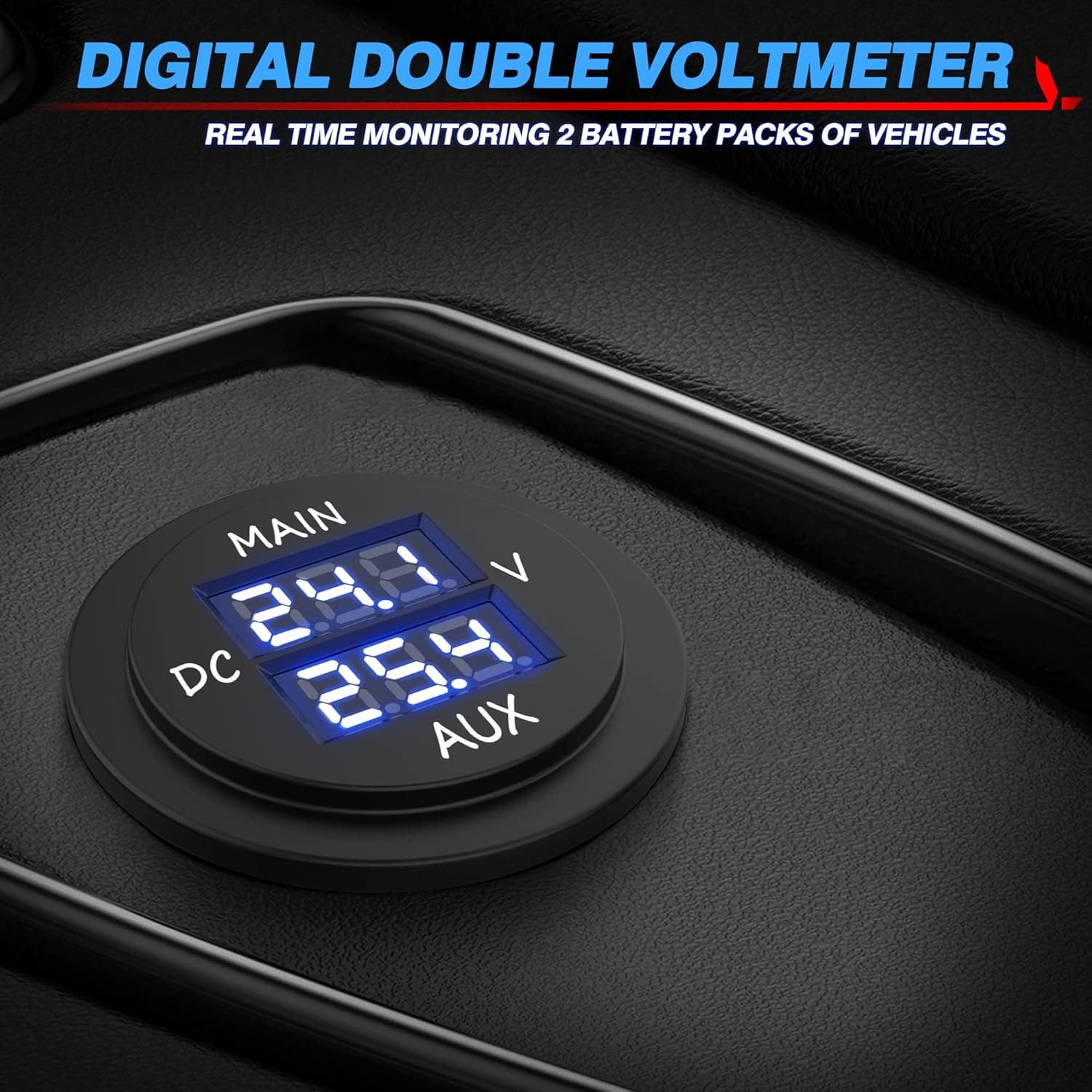 MICTUNING LED Digital Double Voltmeter, Round Panel Voltage Monitor Blue for Car Pickup RV Truck Dual Battery Pack (1)