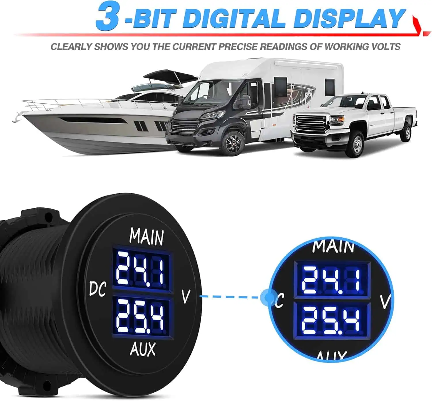 MICTUNING LED Digital Double Voltmeter, Round Panel Voltage Monitor Blue for Car Pickup RV Truck Dual Battery Pack (3)