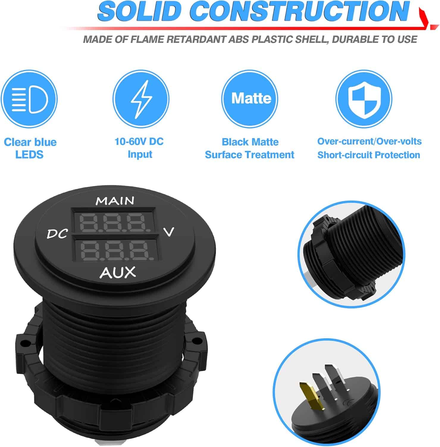 MICTUNING LED Digital Double Voltmeter, Round Panel Voltage Monitor Blue for Car Pickup RV Truck Dual Battery Pack (4)