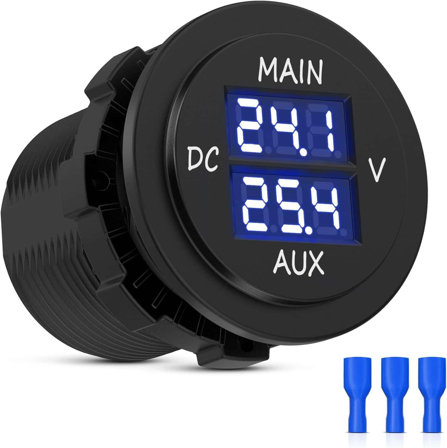 MICTUNING LED Digital Double Voltmeter, Round Panel Voltage Monitor Blue for Car Pickup RV Truck Dual Battery Pack