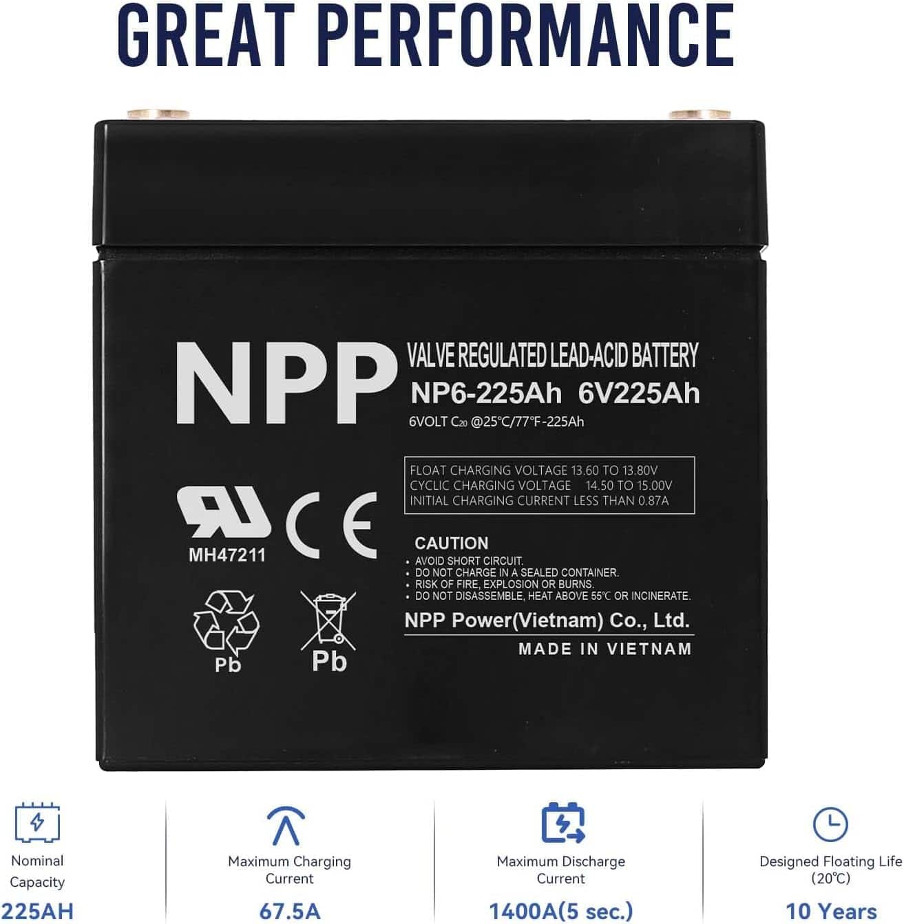 NPP NP6 AGM Rechargeable Battery with T16 (M8) Terminal, Replace V6-225 Lead-Acid Battery, for Golf Carts, Pallet Jack, Solar Setup, Trolling Motor, RV, Marine, Wheelchair, Camping (1)