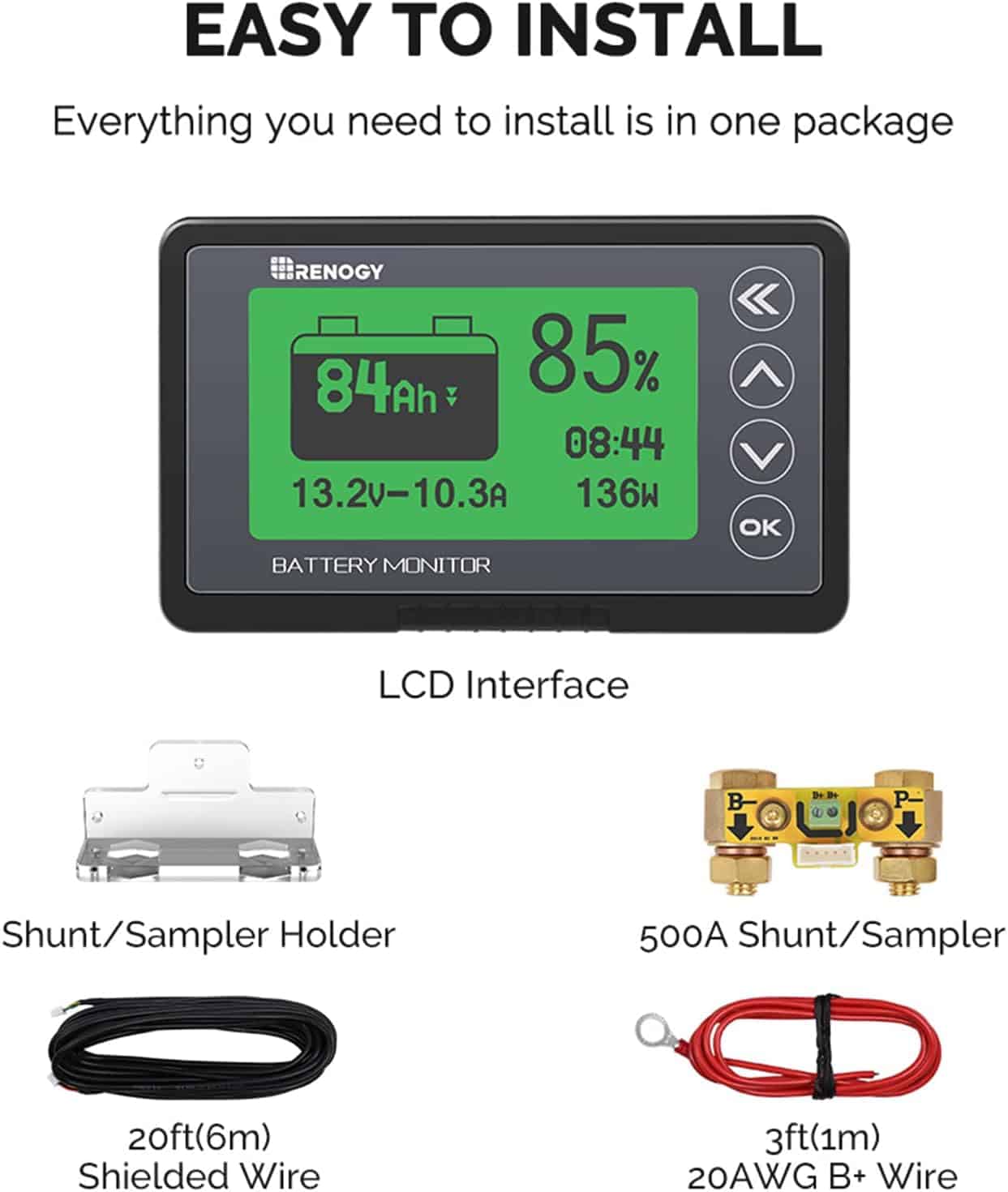 Renogy Battery Monitor with Shunt, High and Low Voltage Programmable Alarm, Shielded Cable, Compatible Lithium Sealed, Gel, Flooded Batteries, Black (2)