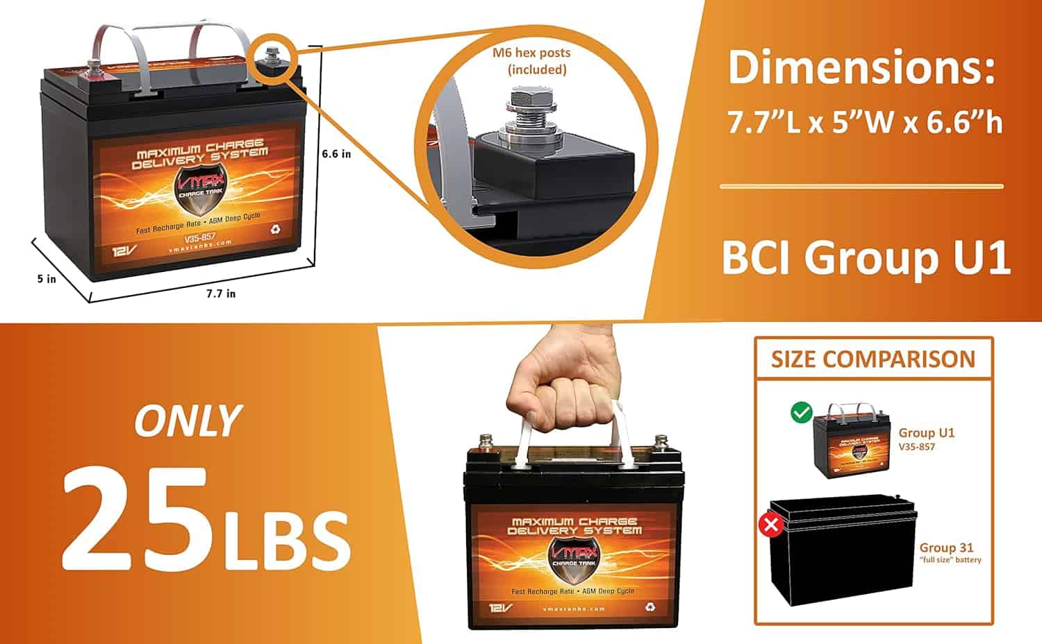 VMAX857 AGM Battery Marine Deep Cycle HI Performance Battery ideal for boats and minn kota, minnkota, cobra, sevylor and other trolling motor (2)