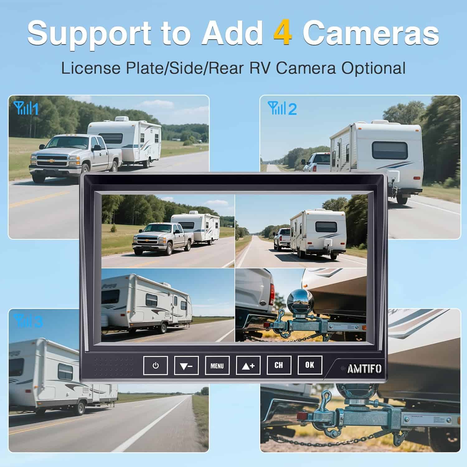 AMTIFO A7 RV Backup Camera Wireless Easy Install Plug & Play for Furrion Pre-Wired RVs - HD Touch Key Monitor, 1080P DVR, 4-Channel Split-Screen, Night Vision, IP69K Waterproof (5)