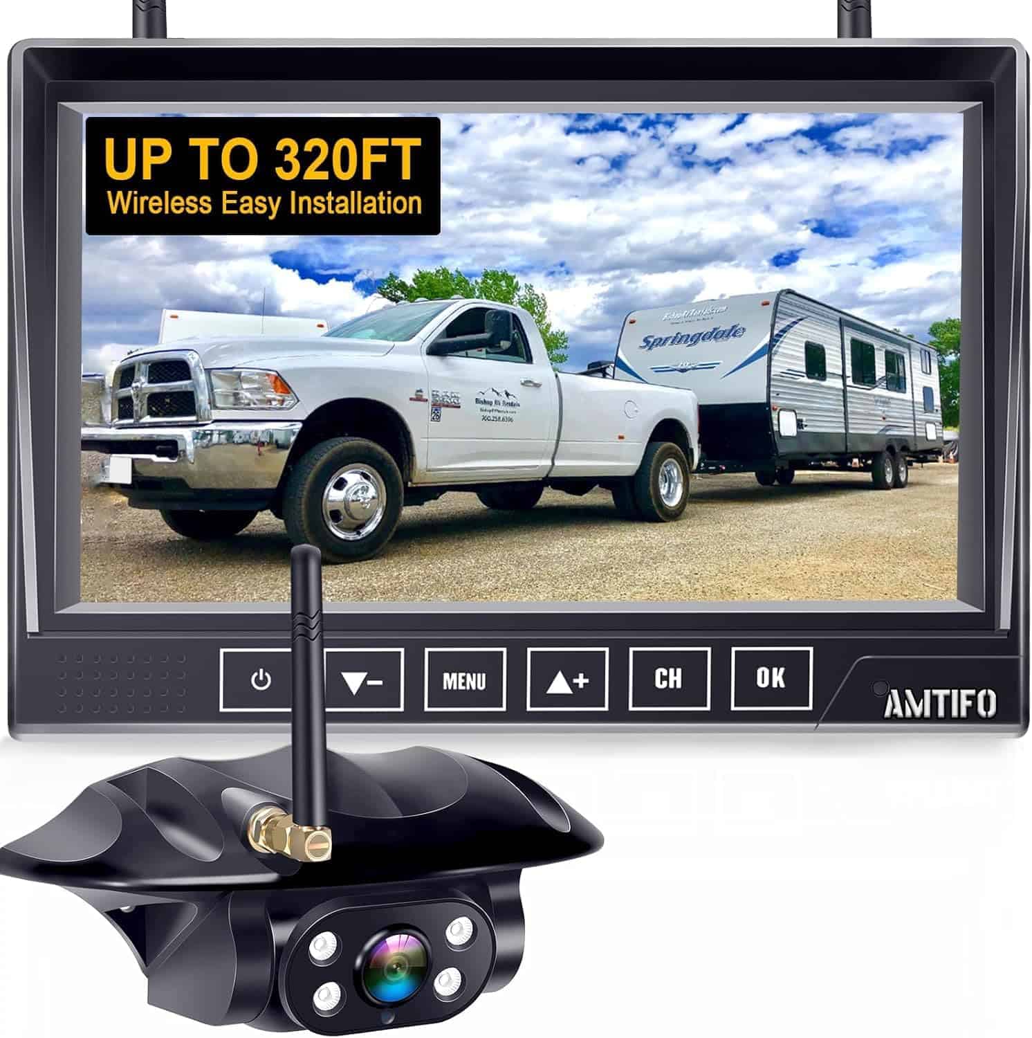 AMTIFO A7 RV Backup Camera Wireless Easy Install: Plug & Play for Furrion Pre-Wired RVs - HD Touch Key Monitor, 1080P DVR, 4-Channel Split-Screen, Night Vision, IP69K Waterproof