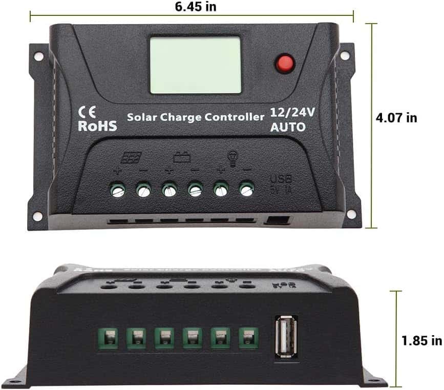 HQST PWM Solar Charge Controller Regulator with LCD Display, USB-A Port, Compatible with Sealed, Flooded Lead-Acid Batteries (2)