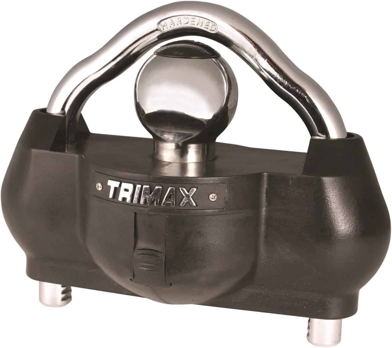 Image of a heavy-duty RV trailer hitch lock with built-in anti-theft features, designed to secure RV or travel trailers during storage or transit, ensuring safety and peace of mind.