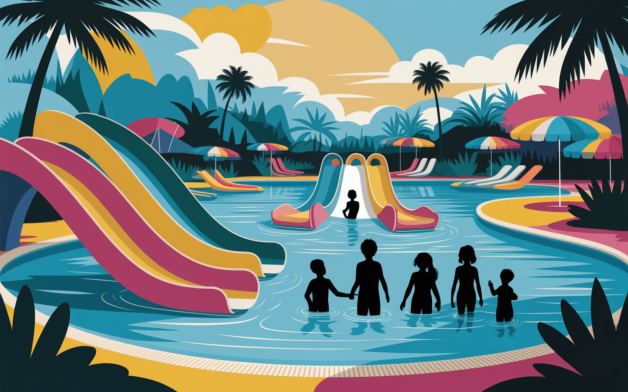 Parc aquatique camping Capfun toboggans et familles s'amusant