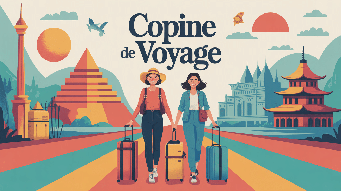Illustration de copine de voyage avec sacs et monuments du monde