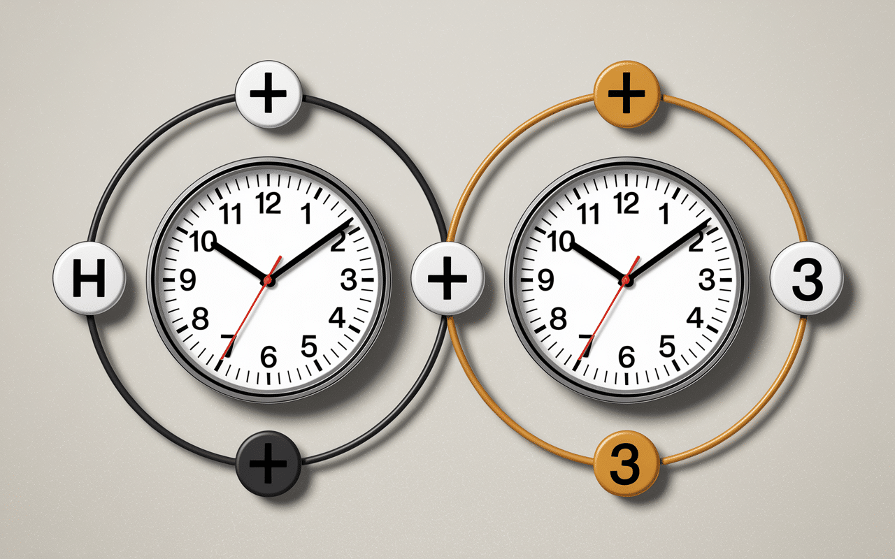 Deux horloges avec différences heures et flèches plus 2h 3h