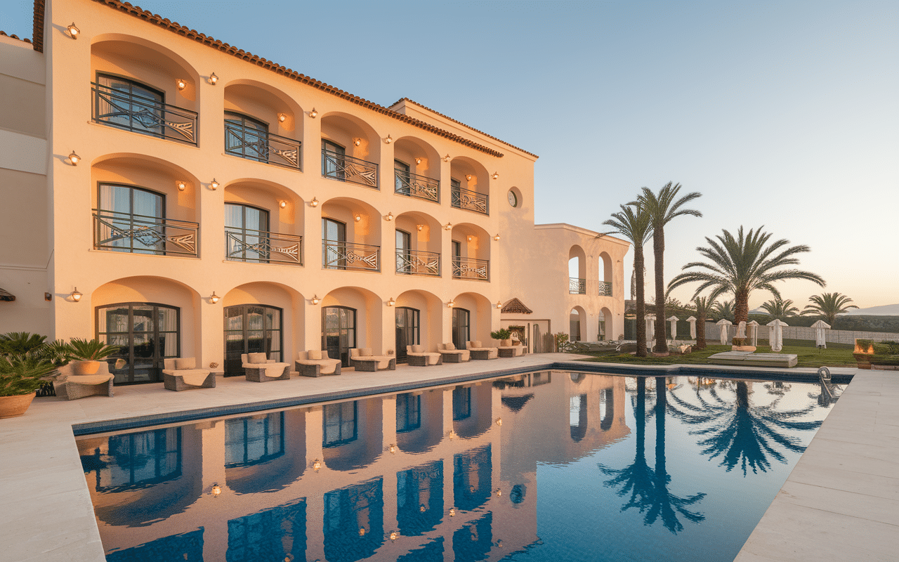 Facade hotel minorque luxe avec piscine et jardins