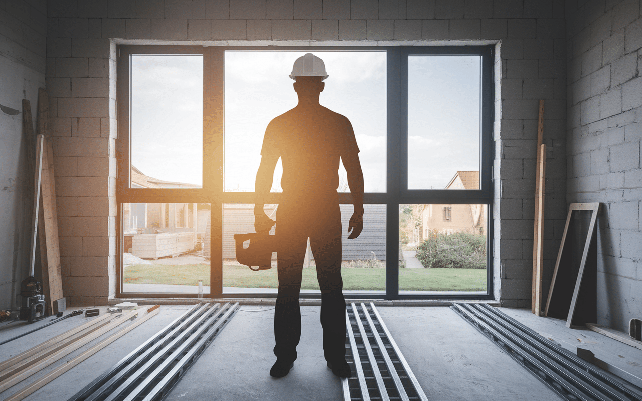 schema installation monte charge maison avec ouvrier et mesures