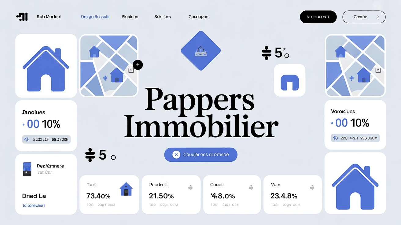 Interface ordinateur avec graphiques et icônes maisons pappers immobiliers