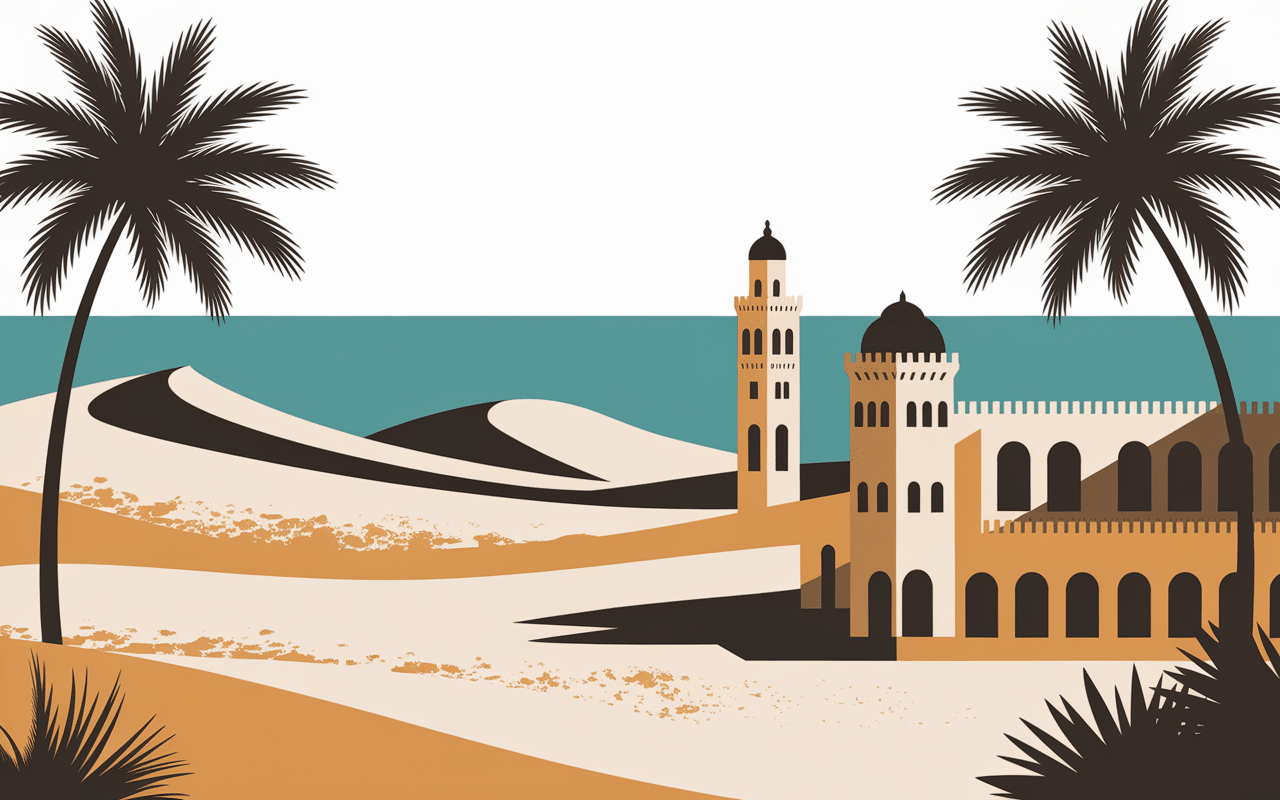 Paysage desertique Oman palmiers mer turquoise