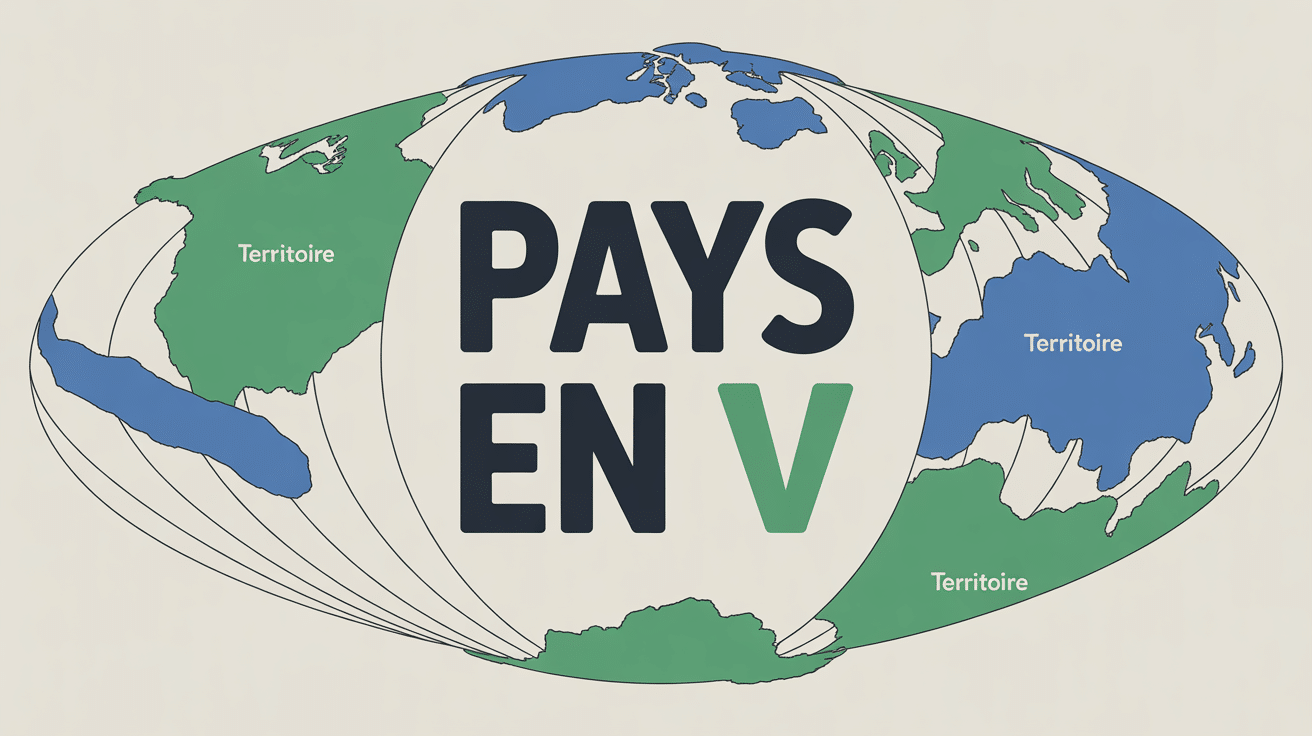 Planisphère stylisé avec pays en V mis en évidence par épingles colorées