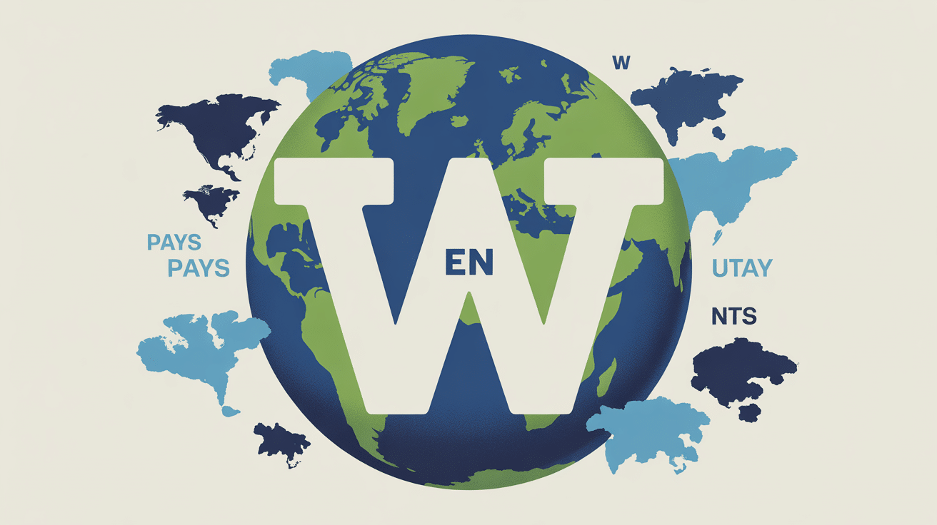 globe terrestre avec lettre w et continents colorés pays en w