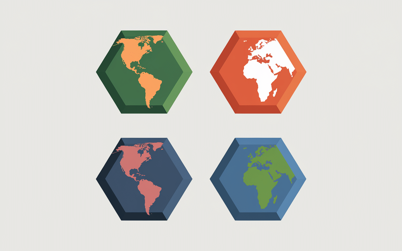 Illustration géométrique des pays en V par continents avec marqueurs colorés